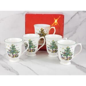 Nikko Happy Holidays Coffee Mugs 10oz Christmas Green Trim x4 Japan w/ Box